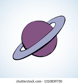 Glob giant duo gas orb ball shape on white sky backdrop. Outline sci-fi ui study cosmo concept. Simple bright purple color hand drawn logo emblem sketchy in retro doodle comic engraved style