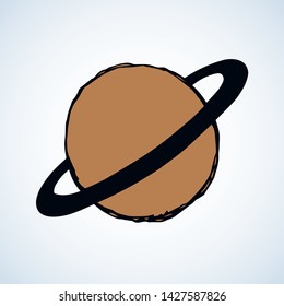 Glob giant duo gas orb ball shape on white sky backdrop. Outline sci-fi ui study cosmo concept. Simple bright brown color hand drawn logo emblem insignia sketchy in retro doodle comic engraved style