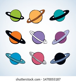 Glob giant duo gas orb ball shape on white sky backdrop. Outline big sci-fi ui study cosmo set concept. Simple bright color hand drawn logo emblem sketchy in retro doodle comic engraved print style