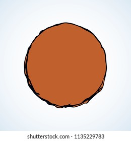 Glob giant orange orb ball hemisphere shape on white sky backdrop. Linear study cosmo concept. Bright red color hand drawn picture logo emblem sketchy in art retro scribble comic engraved style