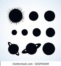 Glob giant ring orb ball elements on white sky backdrop. Study outer big cosmo map symbol set concept. Black ink hand drawn eco logo emblem sketch in retro contour cartoon engraved print style