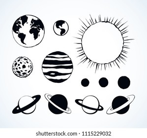 Glob giant ring orb ball elements on white sky backdrop. Outline study outer big cosmo map symbol set concept. Line ink hand drawn eco logo emblem sketch in retro contour doodle cartoon engraved style