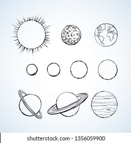 Glob giant ring orb ball elements on white sky backdrop. Outline study outer big cosmo map symbol set concept. Line ink hand drawn eco logo emblem sketch in retro contour doodle cartoon engraved style