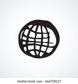 Glob orb ball shape on white backdrop. Simple ui eco land study concept. Freehand linear black ink hand drawn picture emblem sketchy in art retro scribble comic style pen on paper with space for text