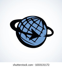 Glob orb on white backdrop. Emblem logo concept. Freehand linear black ink hand drawn picture sketchy in art retro scribble contour graphic style with space for text