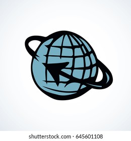 Glob orb on white backdrop. Emblem logo concept. Freehand linear black ink hand drawn picture sketchy in art retro scribble contour graphic style with space for text