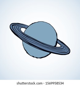 Glob world giant duo gas orb ball shape on white sky backdrop. Outline sci-fi ui study cosmo concept. Simple bright blue color hand drawn logo emblem design in retro doodle comic engraved print style