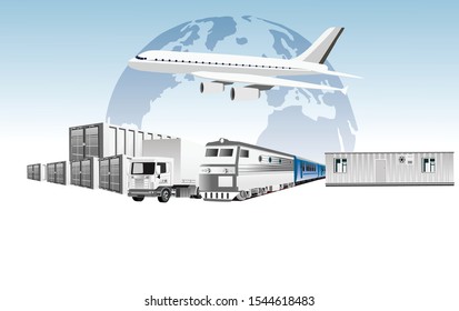 Global 3d vector concept of Warehouse, trucks, containers, air delivery, Logistic . Easy to edit and customize. Vector illustration
