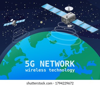 Global 5G Internet Network Satellite Communication. Satellites Flying Orbital Upon Earth Wireless Technology Smartphone Isometryc. Vector Isolated Illustration