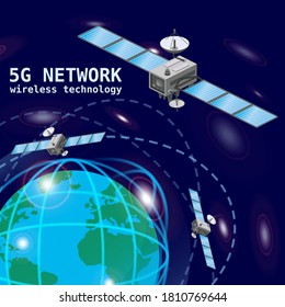 Global 5G internet network satellite communication. Satellites flying orbital upon Earth wireless technology smartphone isometryc. Vector isolated illustration