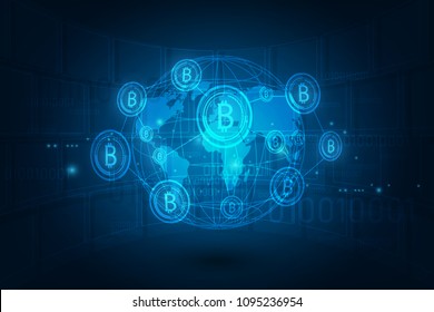 Global Abstract Bitcoin Crypto Currency Blockchain Technology World Map Background Illustration