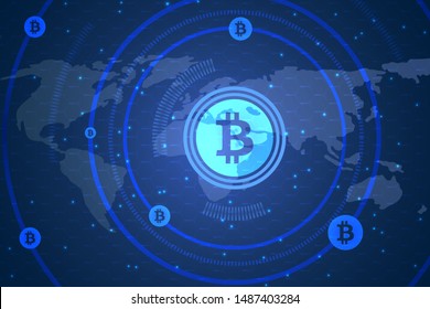 Global Abstract Bitcoin Crypto Currency Blockchain Technology World Map Background Illustration vector eps10
