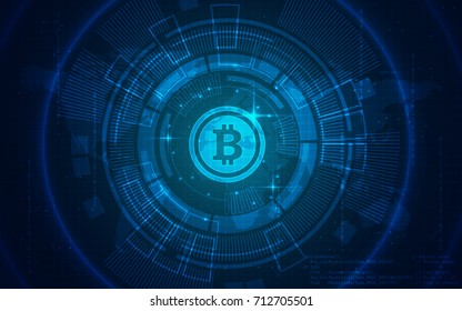 Global Abstract Bitcoin Crypto Currency Blockchain Technology World Map Background Illustration 