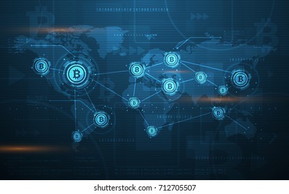 Global Abstract Bitcoin Crypto Currency Blockchain Technology World Map Background Illustration 