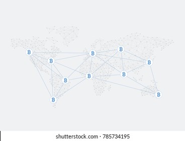 Global Abstract Bitcoin Crypto Currency Blockchain Technology World Map Vector Illustration