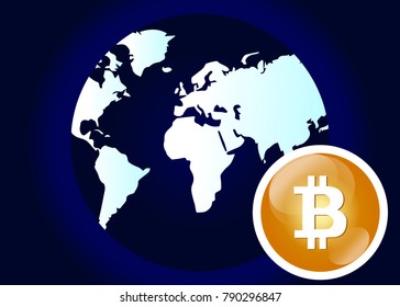 Global Abstract Bitcoin Crypto Currency Technology World Map Background Illustration