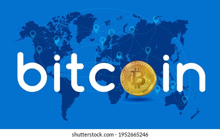 Global Abstract Etherium Bitcoin Crypto Currency Blockchain Technology, 3d detailed Golden coin as letter O at navy blue World Map Background, modern investment concept banner Vector Illustration