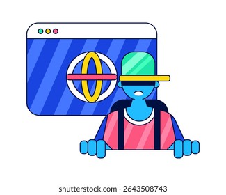 Global Access Flat design style, user with globe on browser window, representing global access, ideal for digital banking and fintech platforms.