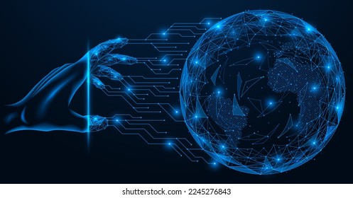 Global access to the Internet space. Hand connects to the digital planet Earth. Polygonal design of lines and dots. Blue background.