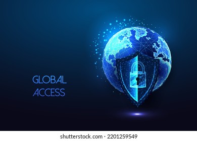 Global access, vpn concept with planet Earth globe and protective shield in futuristic glowing style