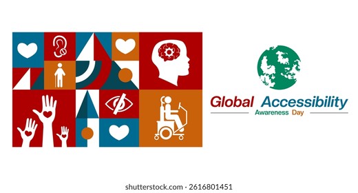 Global Accessibility Awareness Day. Geometric style, People, human, hand, eye, ear, earth and heart. Suitable for posters, banners, social media and more. White background.