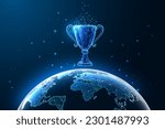 Global achievement, success through innovation, cutting-edge technology concept with futuristic glowing low polygonal world map and trophy on dark blue background. Modern design vector illustration.