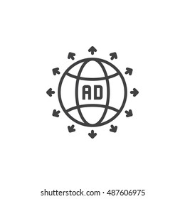 Global advertising line icon, outline vector logo illustration, linear pictogram isolated on white