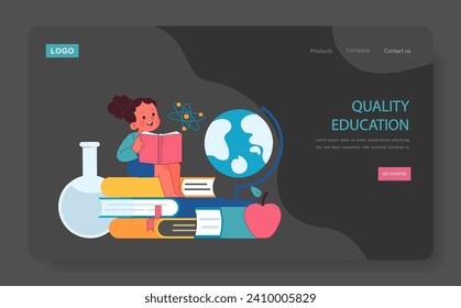 Educación global y asequible web en modo oscuro o nocturno, aterrizando. Escuela abierta y universidad. Aprendizaje e innovación. Construir bases para un futuro bien informado. Ilustración vectorial plana