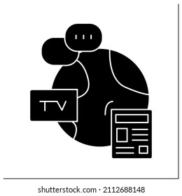 Global agenda glyph icon.Earth globe with newspaper, tv and discussion. Worldwide important news coverage and international mass media concept.Filled flat sign. Isolated silhouette vector illustration