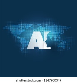 Global AI Assistance, Automated Support, Digital Aid, Deep Learning and Future Technology Concept Design with World Map and Human Head - Vector Illustration