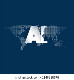 Global AI Assistance, Automated Support, Digital Aid, Deep Learning and Future Technology Concept Design with World Map and Human Head - Vector Illustration