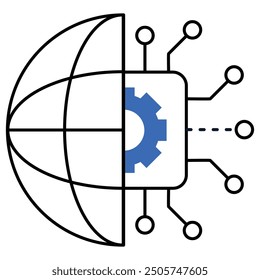 Global AI integration icon with a globe and circuit connections, representing AI-driven global connectivity, digital transformation, and worldwide technology integration.