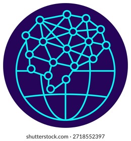 Global AI Network Icon. Minimalistic neon outline on a dark blue round background. A stylish vector illustration of a complex neural network or graph structure layered over a globe, symbolizing global AI connectivity, distributed machine learning, and worldwide intelligent systems