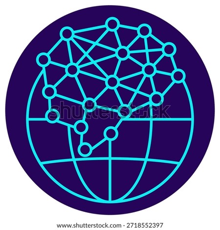 Global AI Network Icon. Minimalistic neon outline on a dark blue round background. A stylish vector illustration of a complex neural network or graph structure layered over a globe, symbolizing global AI connectivity, distributed machine learning, and worldwide intelligent systems