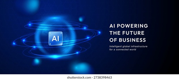 Global AI network sphere with a glowing artificial intelligence core, orbiting data lines, and digital nodes on a dark blue technology background.