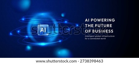Global AI network sphere with a glowing artificial intelligence core, orbiting data lines, and digital nodes on a dark blue technology background.
