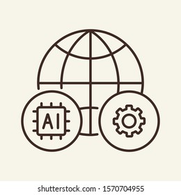 Global AI thin line icon. Worldwide project, gear, planet, world isolated outline sign. Artificial intelligence concept. Vector illustration symbol element for web design and apps