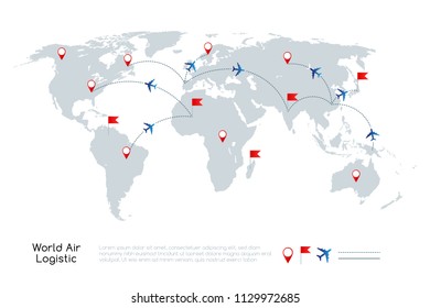Global air logistic concept. Vector illustration of world map with air planes and traffic lines.