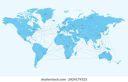 Global Air Traffic Routes Connecting Continents and Major Cities Worldwide. Network, internet, global air traffic, routes connectivity between continents and major cities across the world.