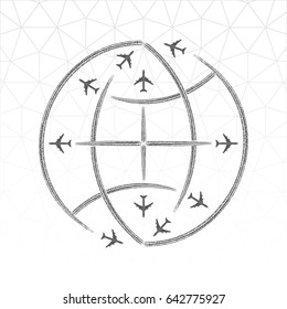 Global Air Transportation Creative Concept Icon Depicting Top View Planes with Traces Composed as Globes Circles of Latitude and Meridians - Grey Elements on White Background - Flat Graphic Silhouette