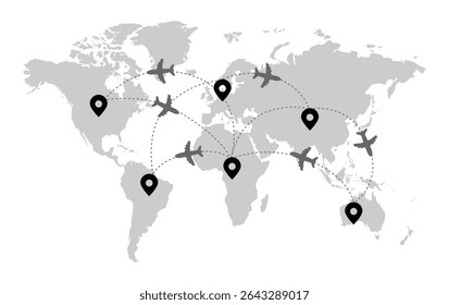 Global Airplane Routes on World Map Vector. Worldwide Travel Network, International Flights, Global Logistics, Aviation Concept, Black Icons on Grey Map