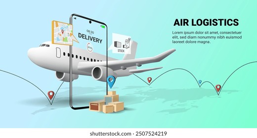 Global airplane shipping via mobile phone. Global Logistics transportation service concept. Airplane, Parcel box, Maps, Pin location, Air logistics, Warehouse, Cargo. 3D Vector illustration