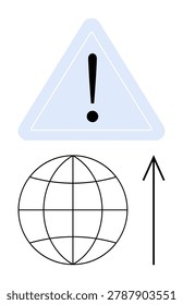 Global alerts, safety protocols, progress, navigation, worldwide communication, cautionary messages. A triangular warning sign, globe and upward arrow. Global alerts and safety protocols concept