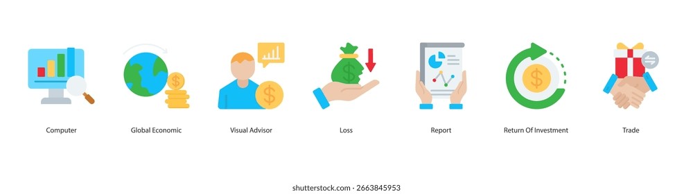 Global Analysis icon set computer, global economic, visual advisor, loss, report, return of investment
