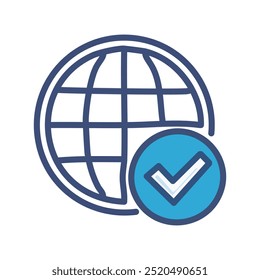 Global approval. Globe with check mark, indicating worldwide acceptance, approval, or success.