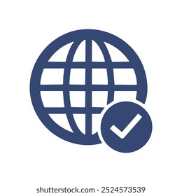 Icono de Aprobación global. Icono de globo azul con marca de verificación. Representa aceptación, Aprobación y éxito a nivel mundial.