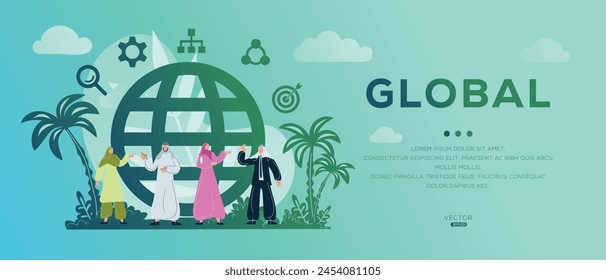 Global, Arab cartoon people wearing traditional clothes, vector illustration.