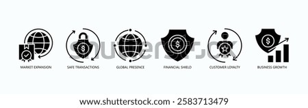 Global Ascend Icon Set Isolated Vector With Icon Of Market Expansion, Safe Transactions, Global Presence, Financial Shield, Customer Loyalty, Business Growth In Glyph Style