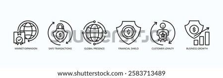 Global Ascend Icon Set Isolated Vector With Icon Of Market Expansion, Safe Transactions, Global Presence, Financial Shield, Customer Loyalty, Business Growth In Outline Style
