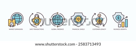 Global Ascend Icon Set Isolated Vector With Icon Of Market Expansion, Safe Transactions, Global Presence, Financial Shield, Customer Loyalty, Business Growth In Outline Color Style